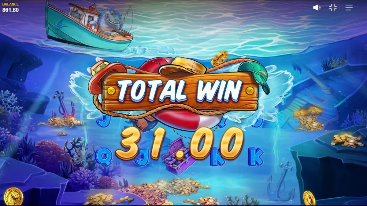 Shark Boss slot game interface na nagpapakita ng pating sa bangka